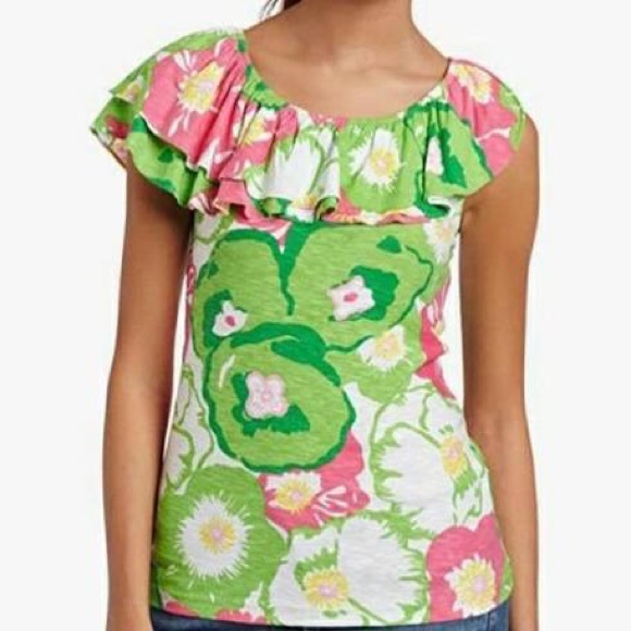 Lilly Pulitzer Wynne 100% Pima Cotton Off Shoulder Ruffle Top Blue Small - Picture 4 of 16